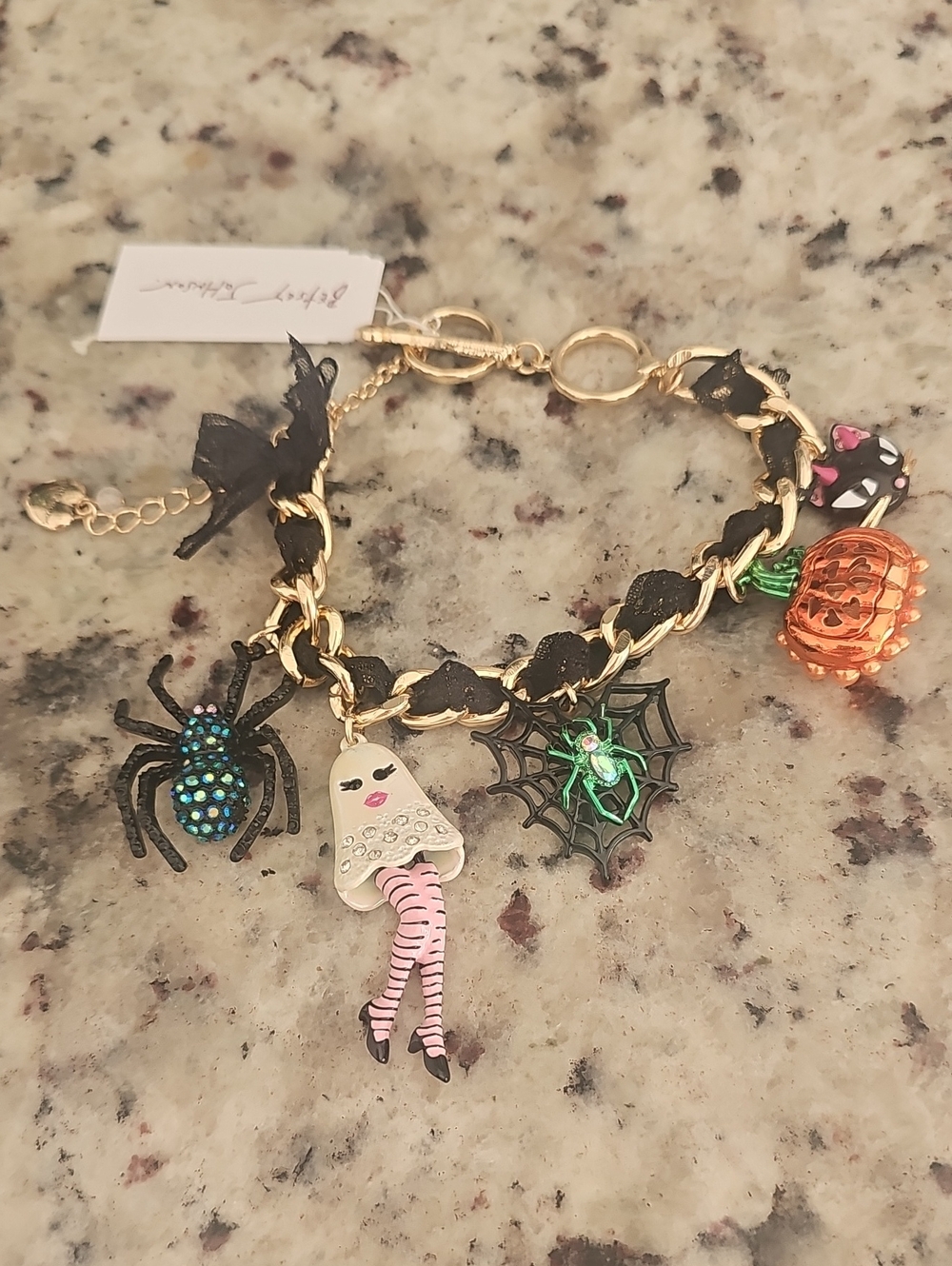 Betsey Johnson Boujee Black & Gold Halloween Charm Bracelet with Colorful Charms